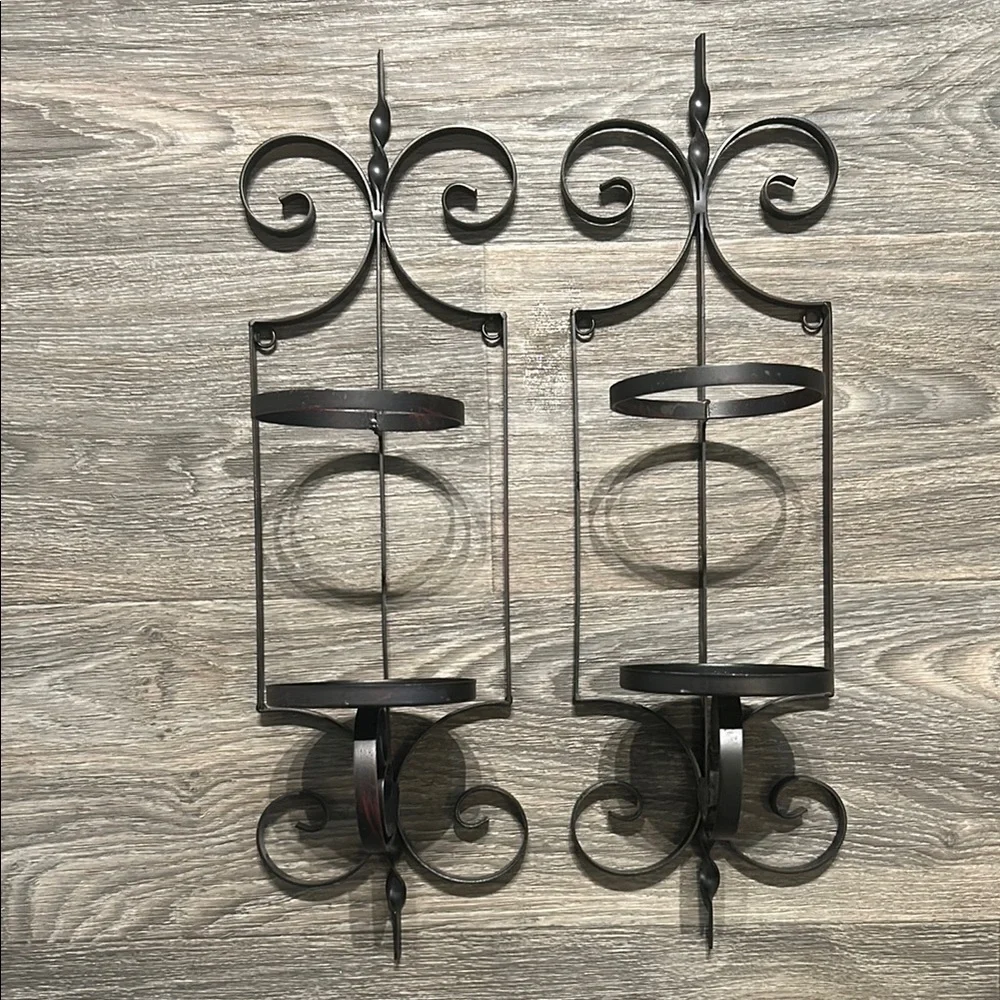 Set Gothic Spanish Revival Black Metal Wall Candle Holder 20.5 Rustic Scroll Y2K